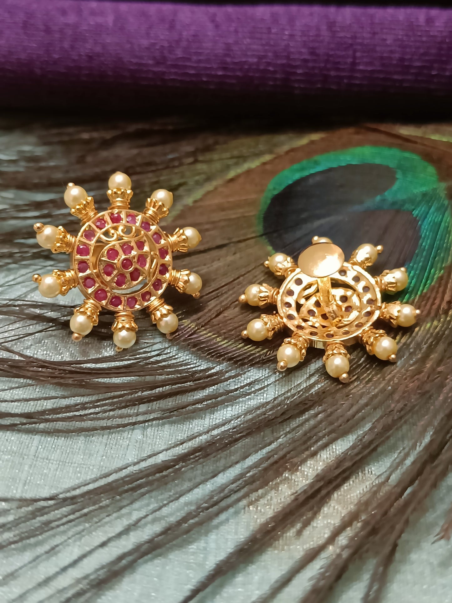 Ruby Stone Studded Pearl Stud Earrings