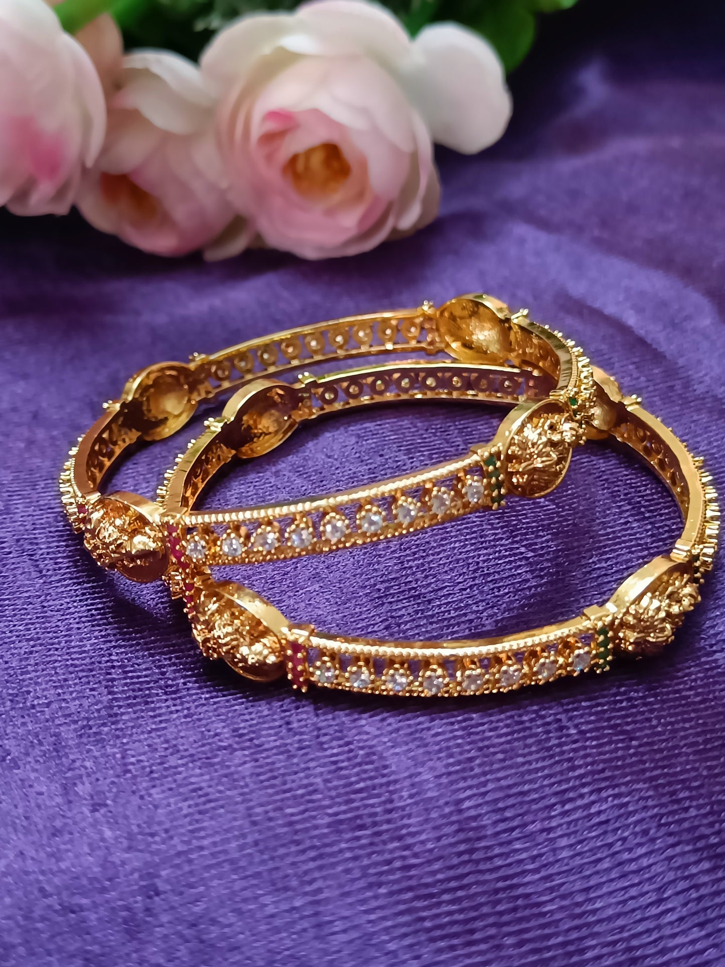 Traditional Matte Gold-Plated Temple Bridal Bangles With Lakshmi Motifs And AD Stones