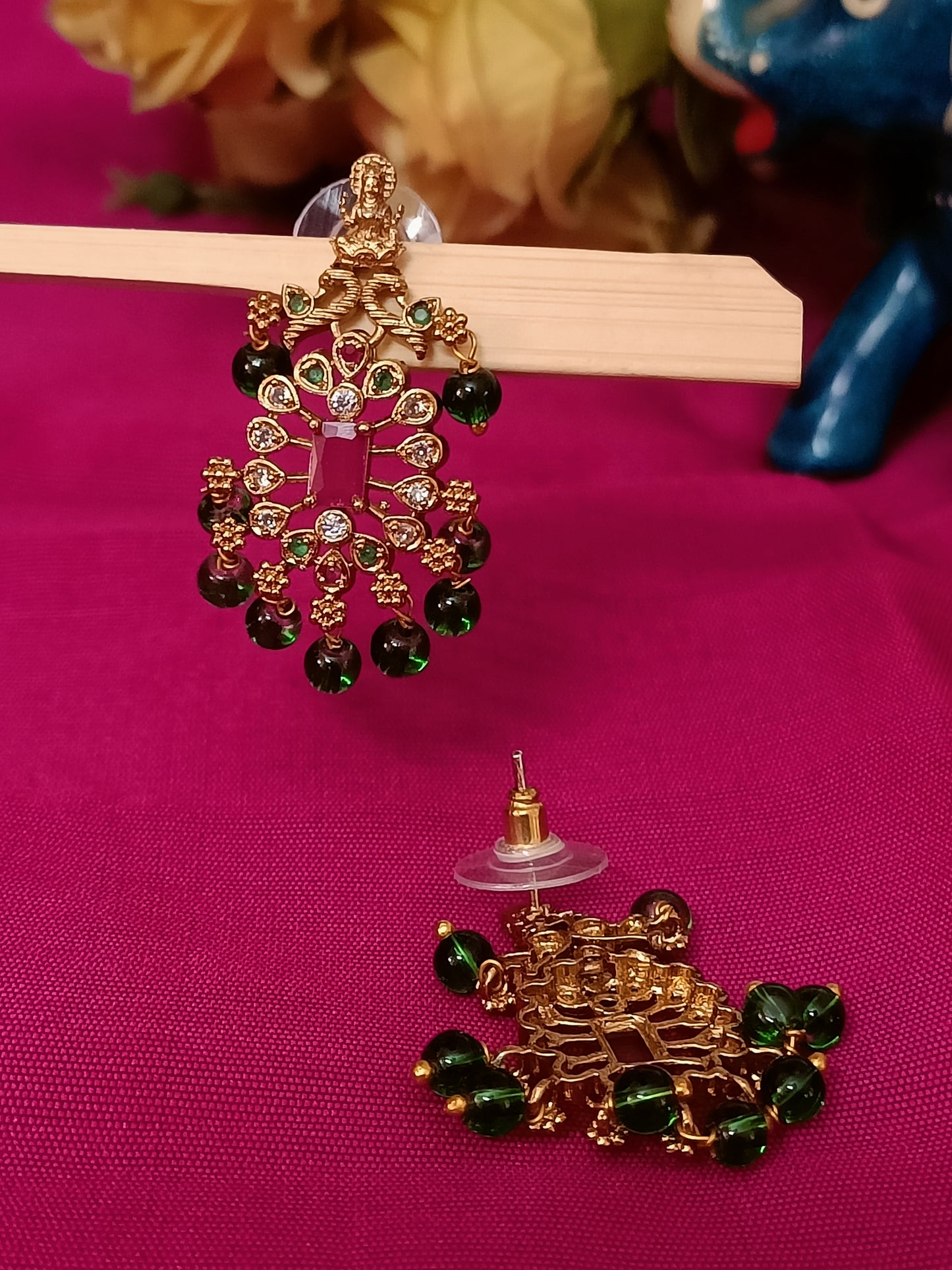 Lakshmi Devi Danglers with green beads