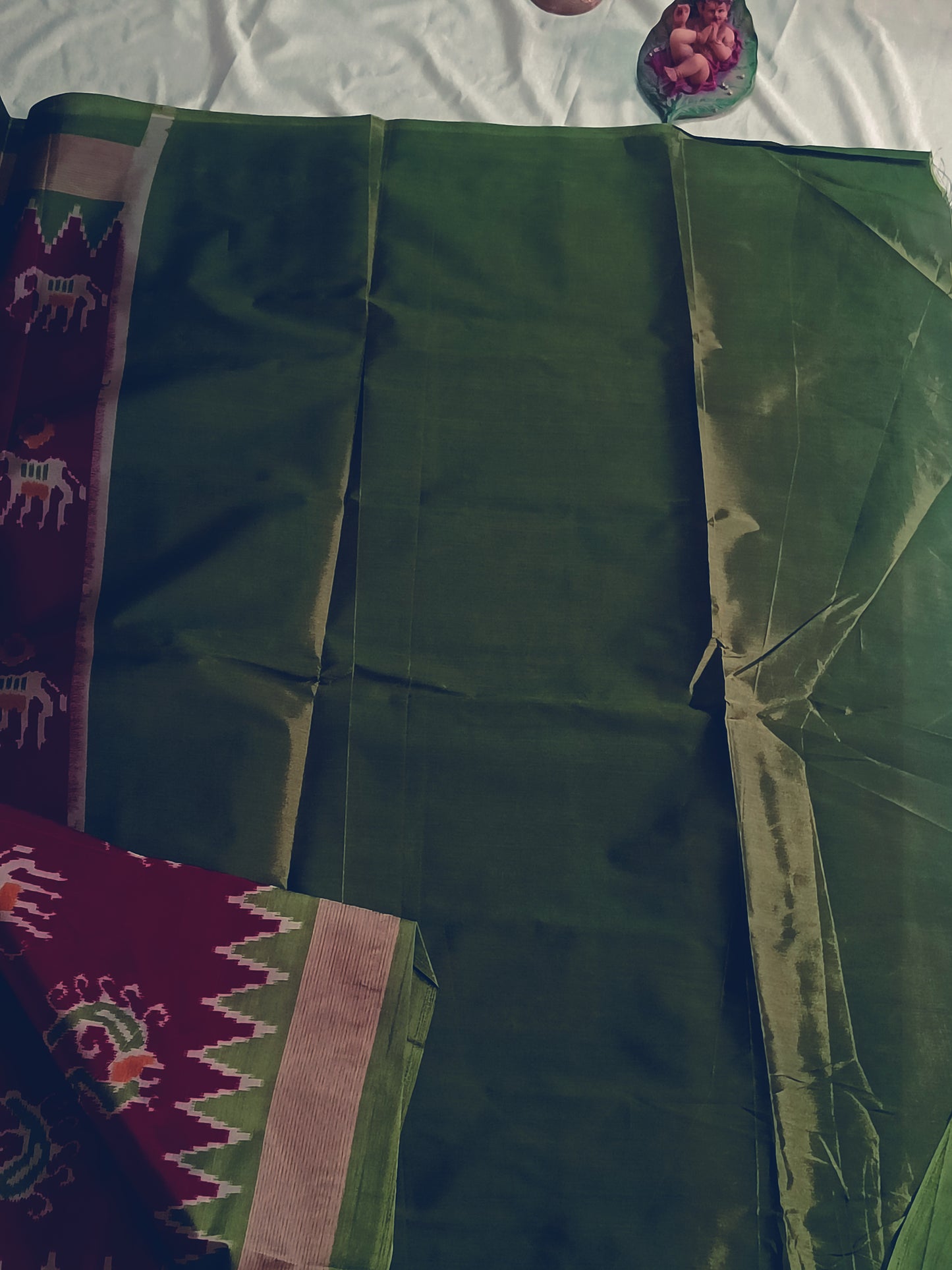 Wine colour animal print ikkat art silk saree ( Cotton-Silk )