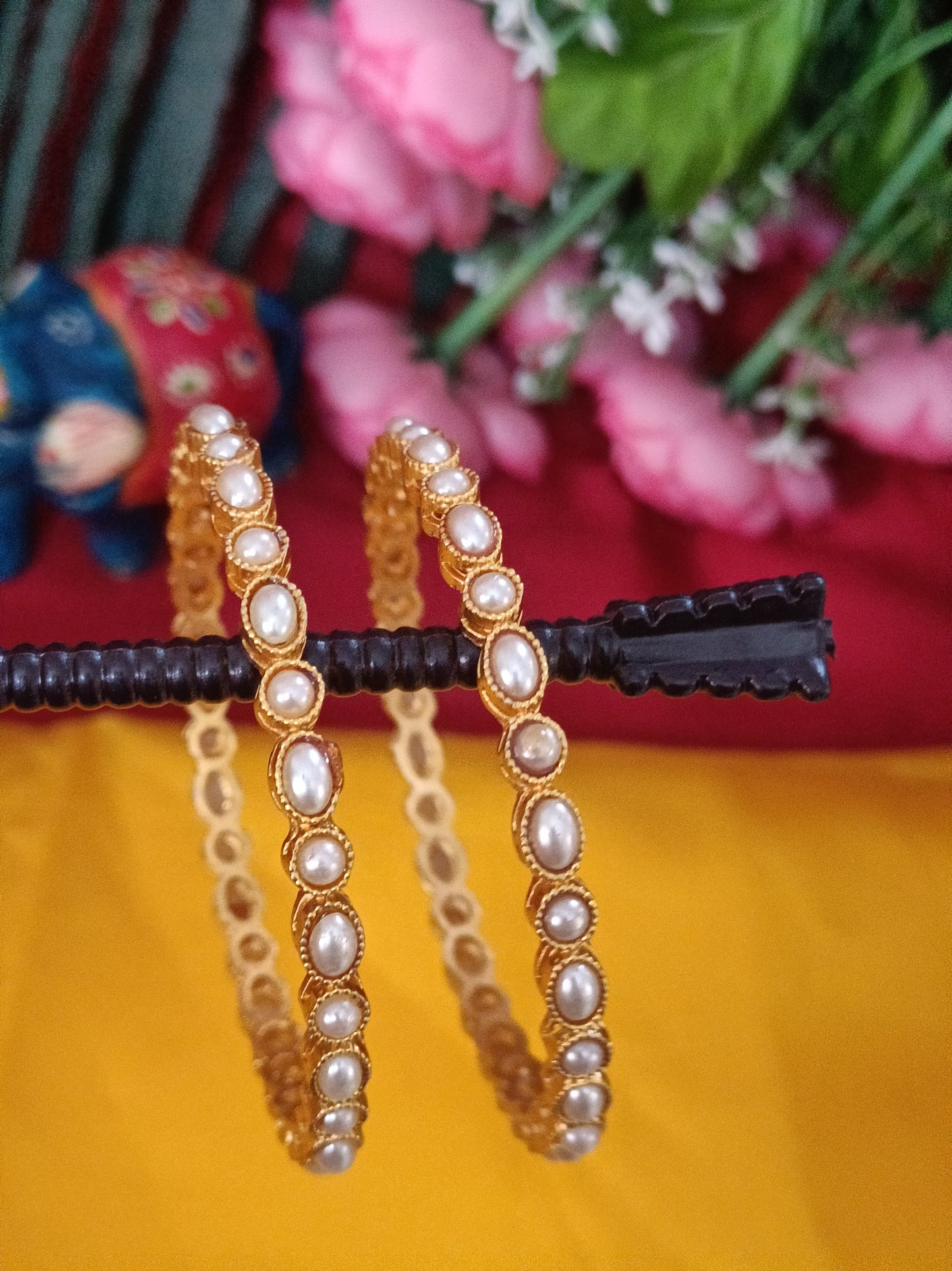 Matt finish pearl studded bangle set