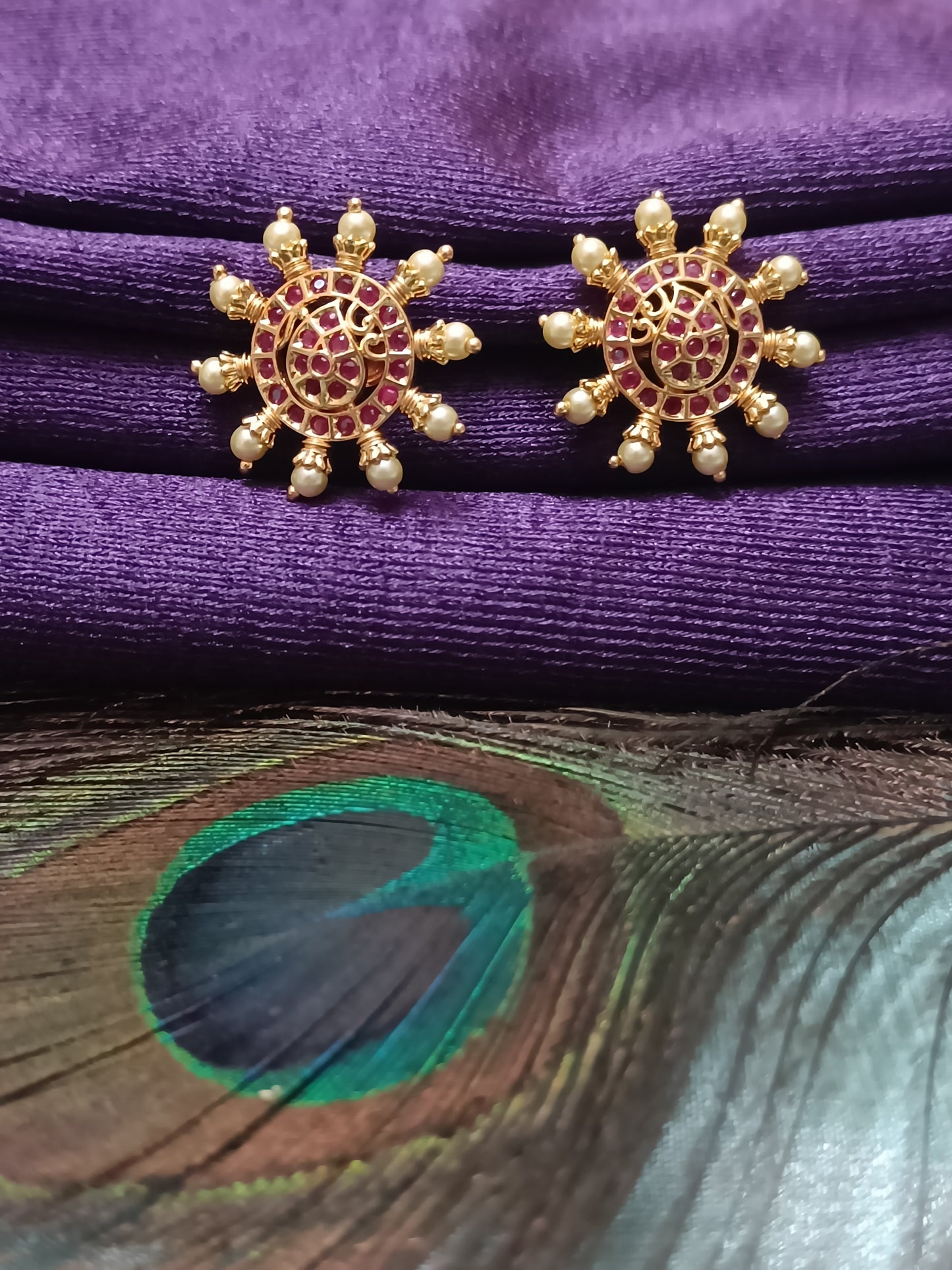 Ruby Stone Studded Pearl Stud Earrings