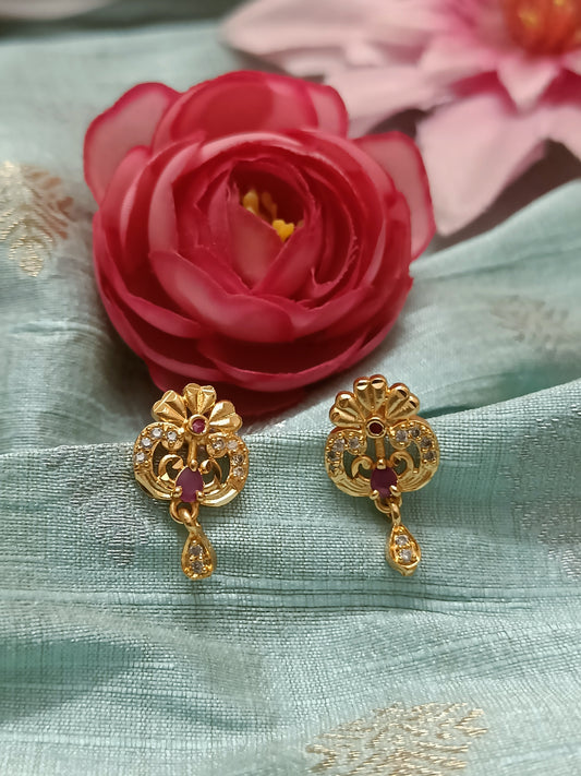 Gold plated studs adorned with drops with maroon and AD stones