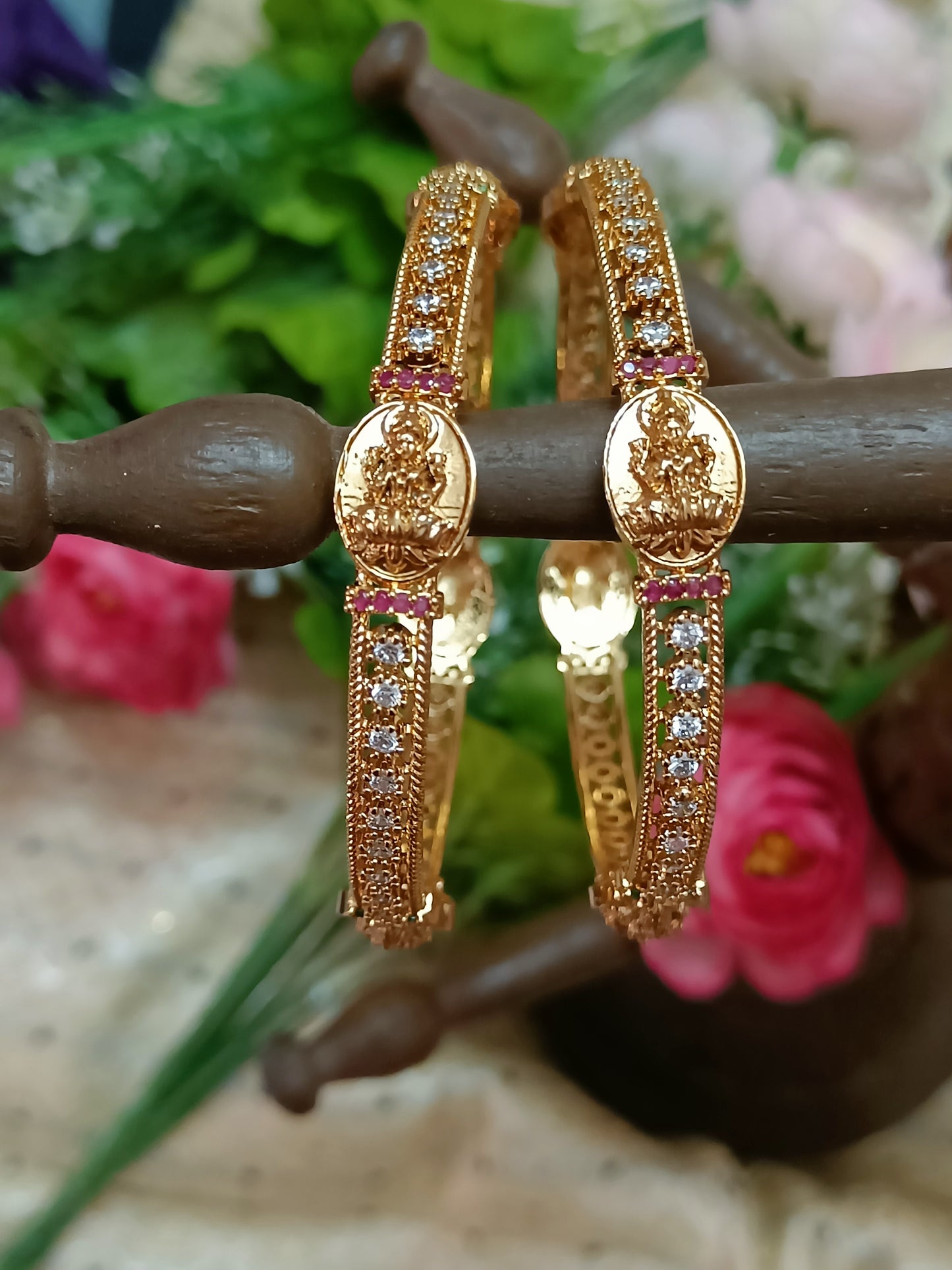 Traditional Matte Gold-Plated Temple Bridal Bangles With Lakshmi Motifs And AD Stones