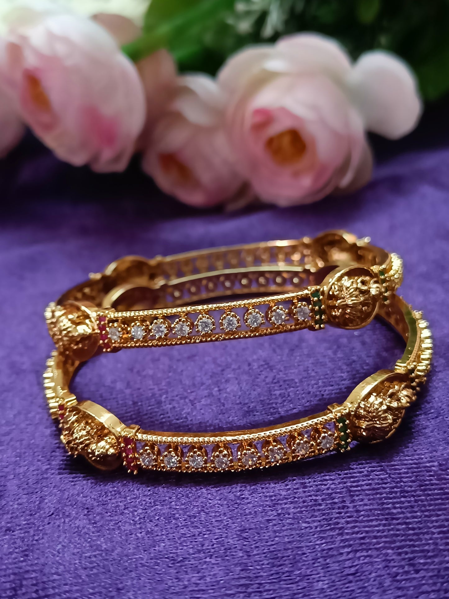 Traditional Matte Gold-Plated Temple Bridal Bangles With Lakshmi Motifs And AD Stones