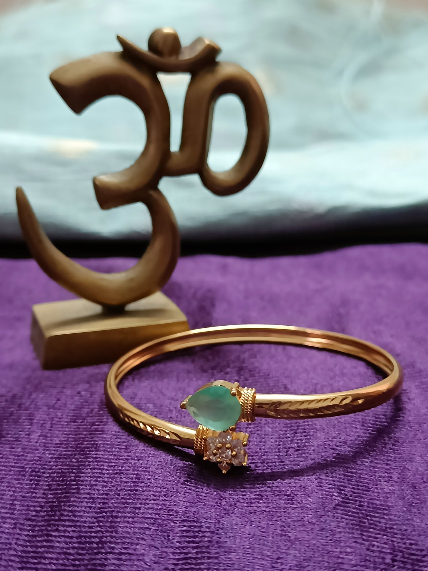 Adjustable Sea Green Stone With Crystals Kada Bracelet