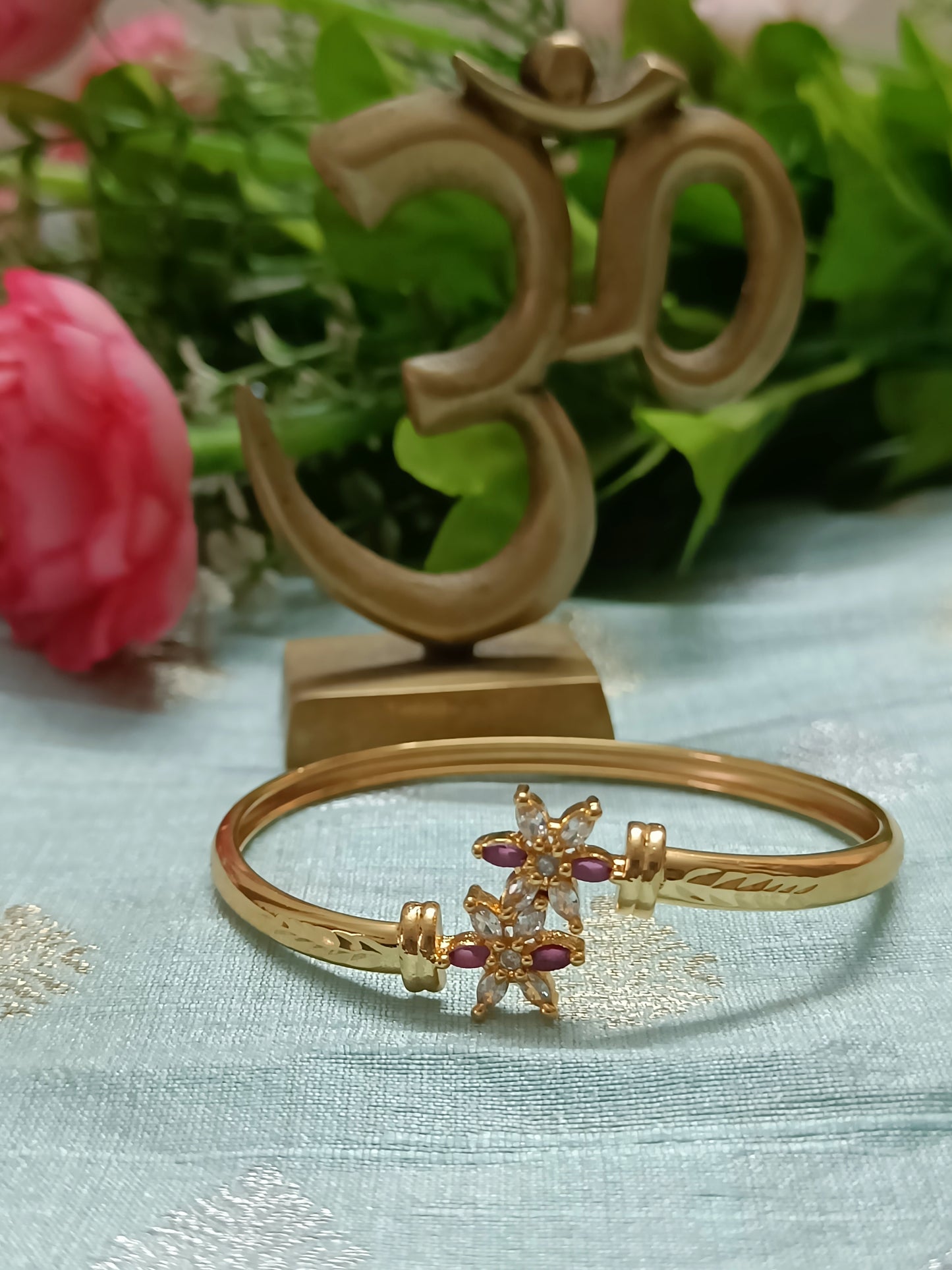 Adjustable Maroon Stone With Crystal Kada Bracelet