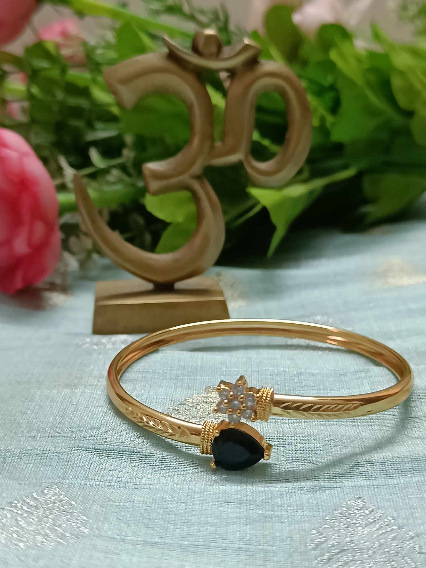 Adjustable Black Stone with Crystals Kada Bracelet