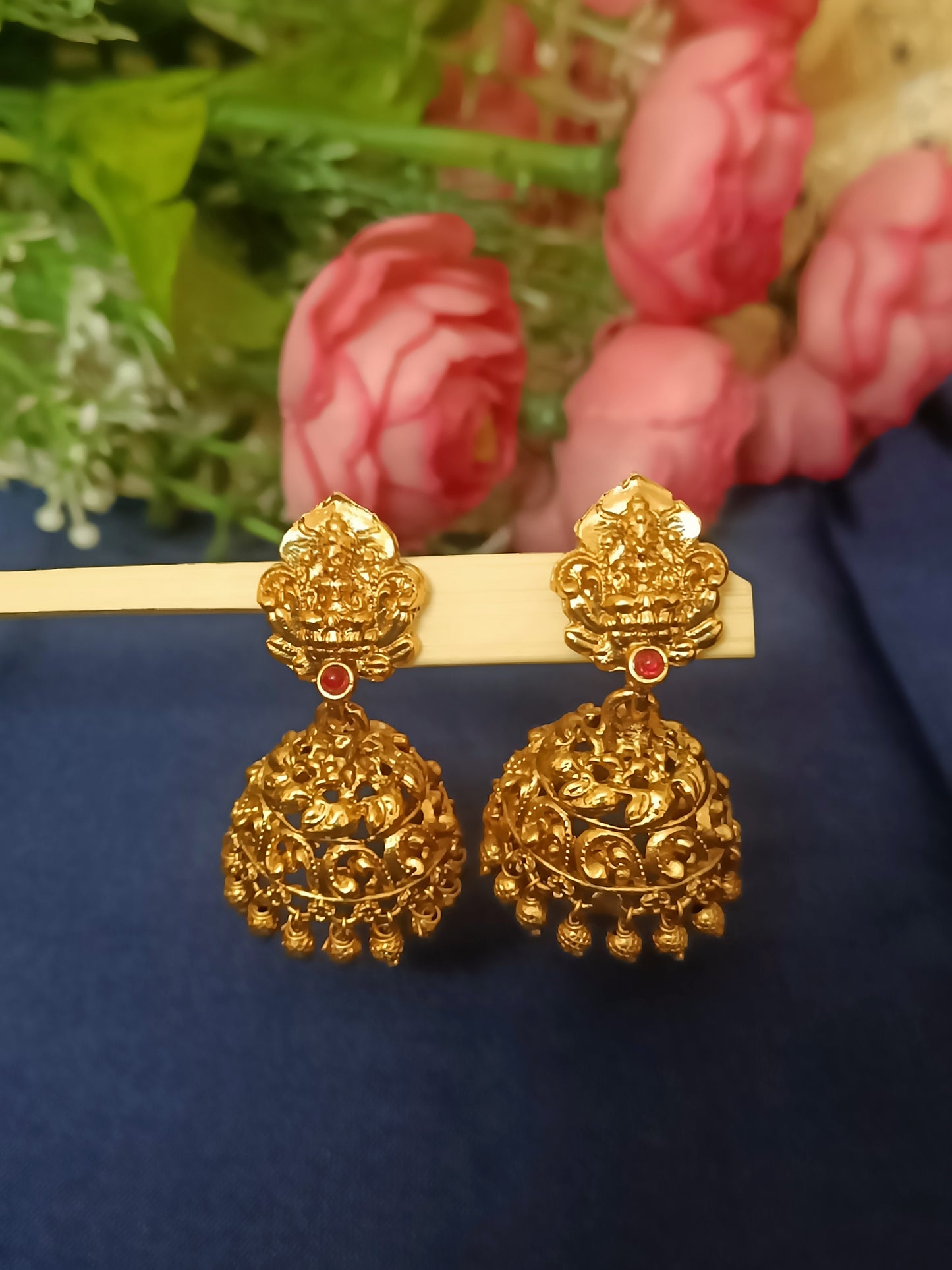 Lakshmi Devi Jhumkas with gold beads hangings