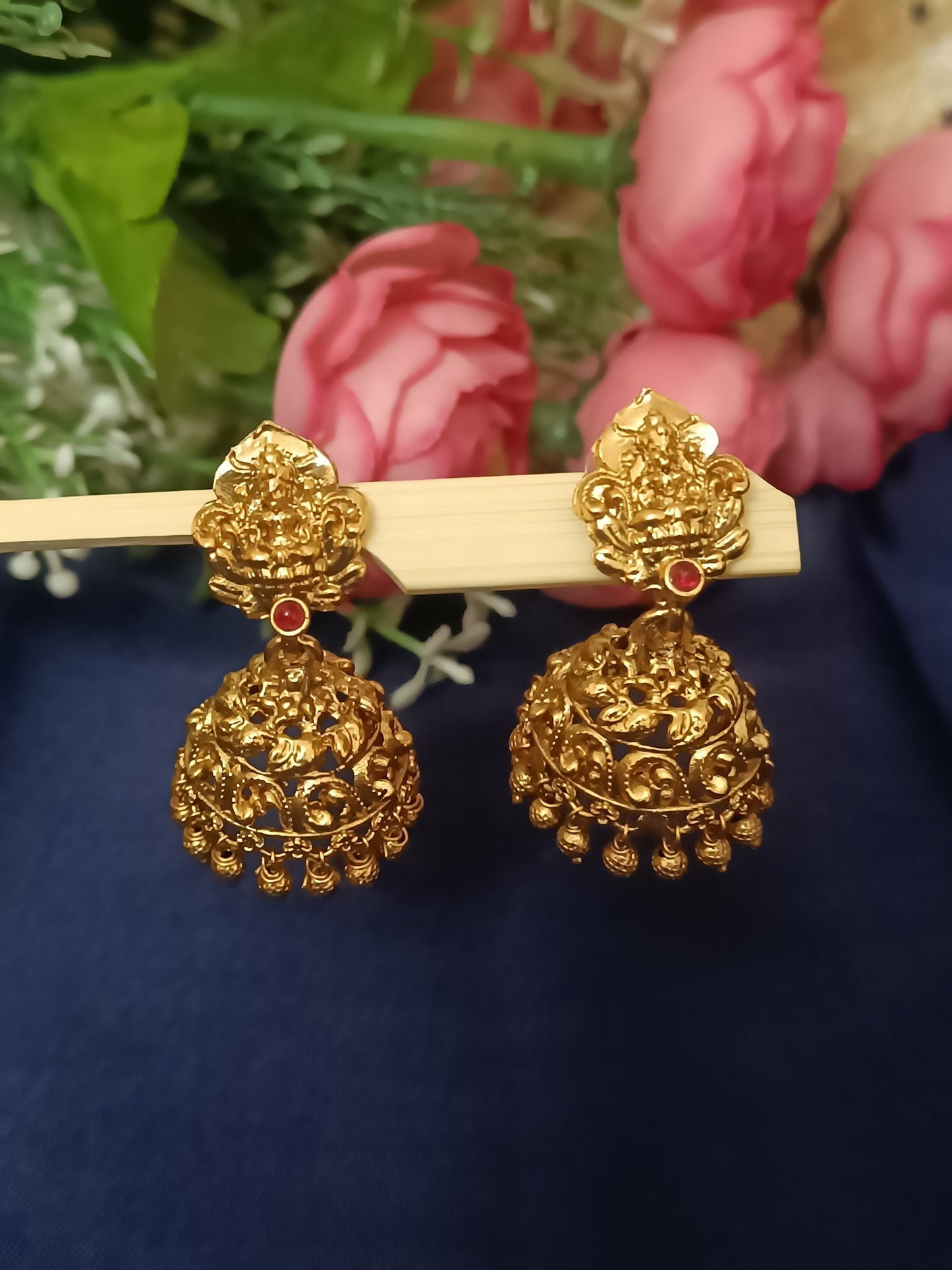 Lakshmi Devi Jhumkas with gold beads hangings