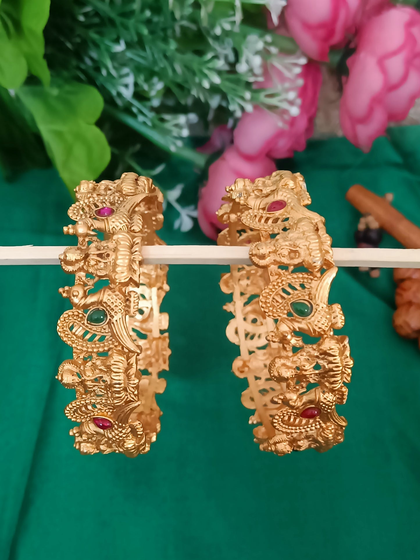 Elegant Matt Finish Lakshmi Peacock Bangle Set