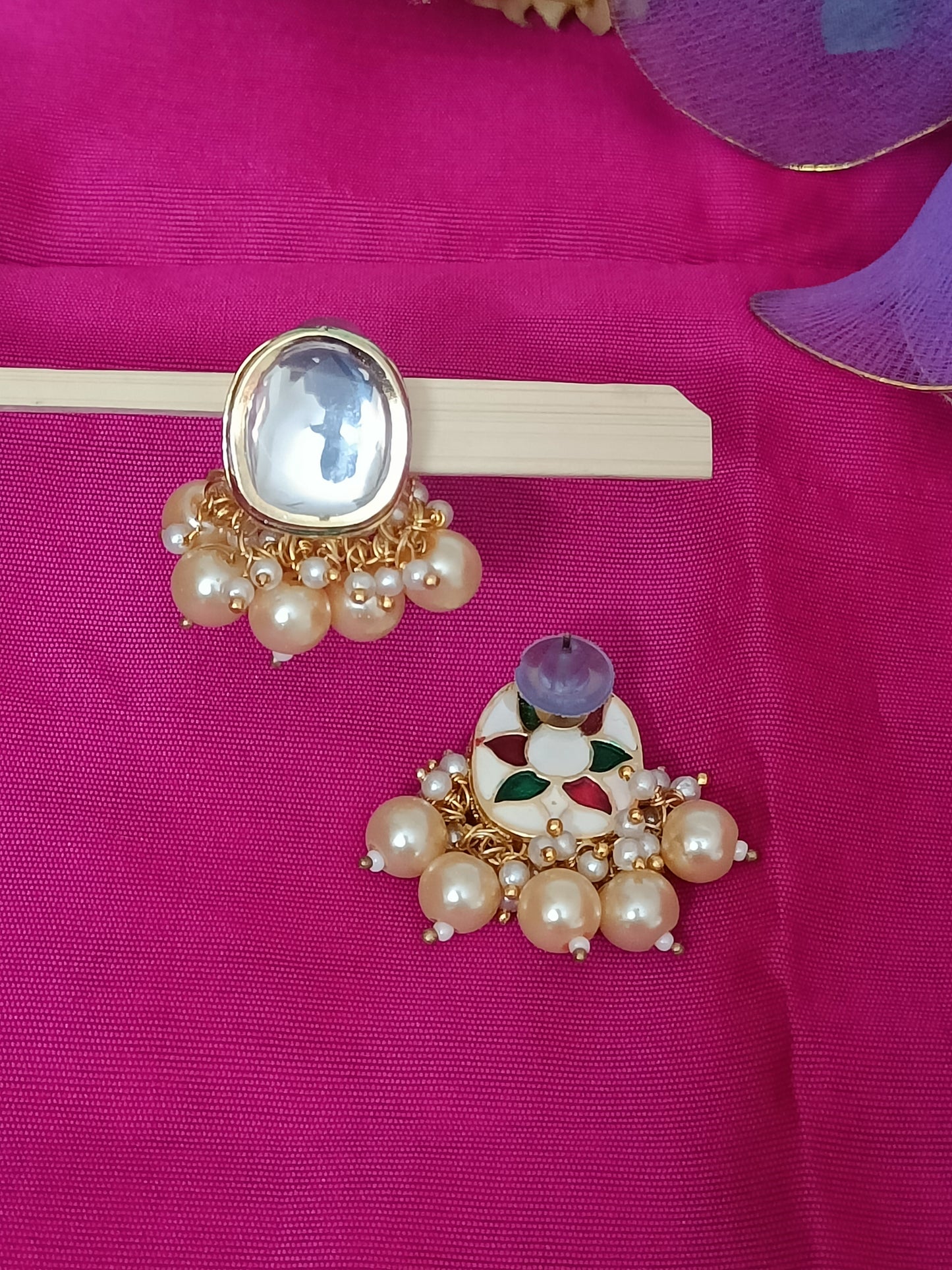 Meenakari Kundan Studs with Pearl Hangings