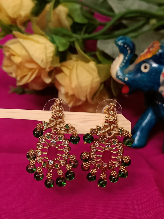 Lakshmi Devi Danglers with green beads
