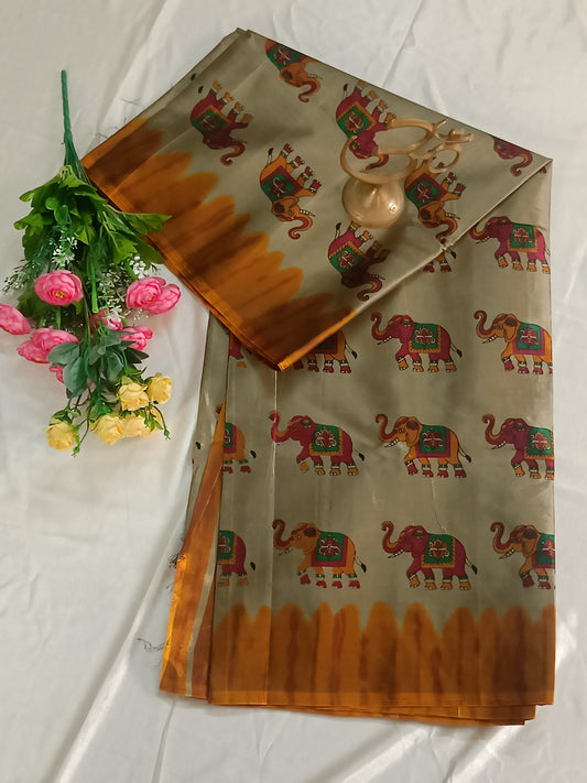 Grey colour elephant print saree with mustard border (Cotton-Silk)