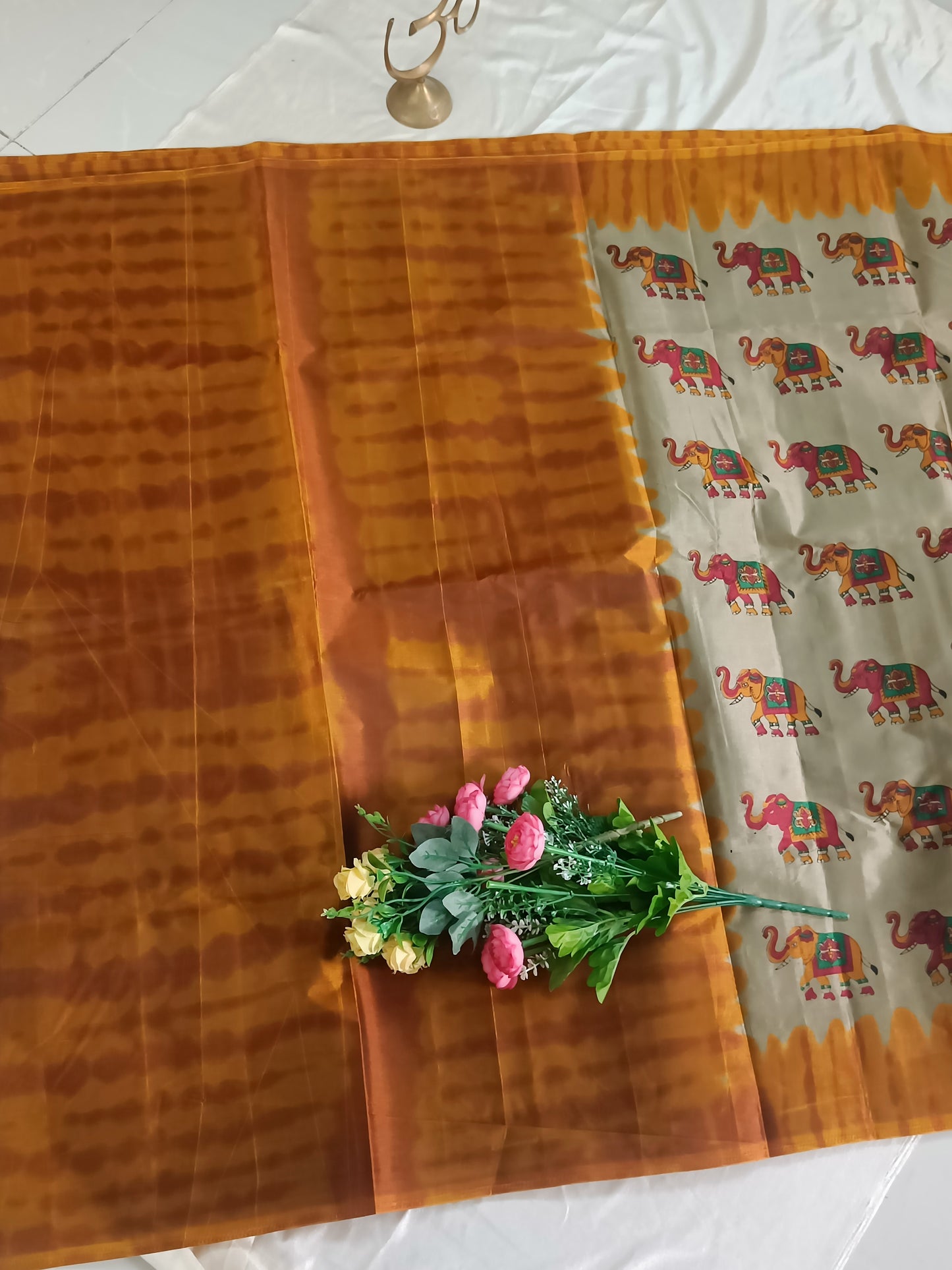 Grey colour elephant print saree with mustard border (Cotton-Silk)