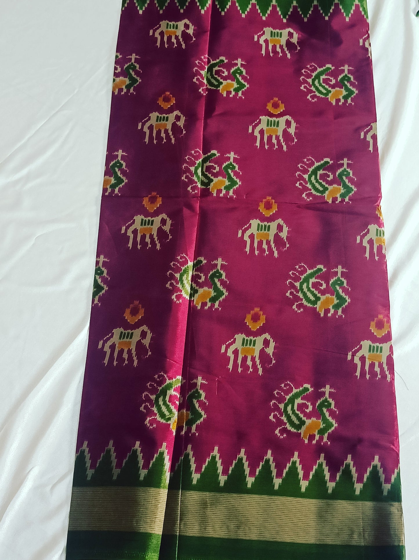 Wine colour animal print ikkat art silk saree ( Cotton-Silk )