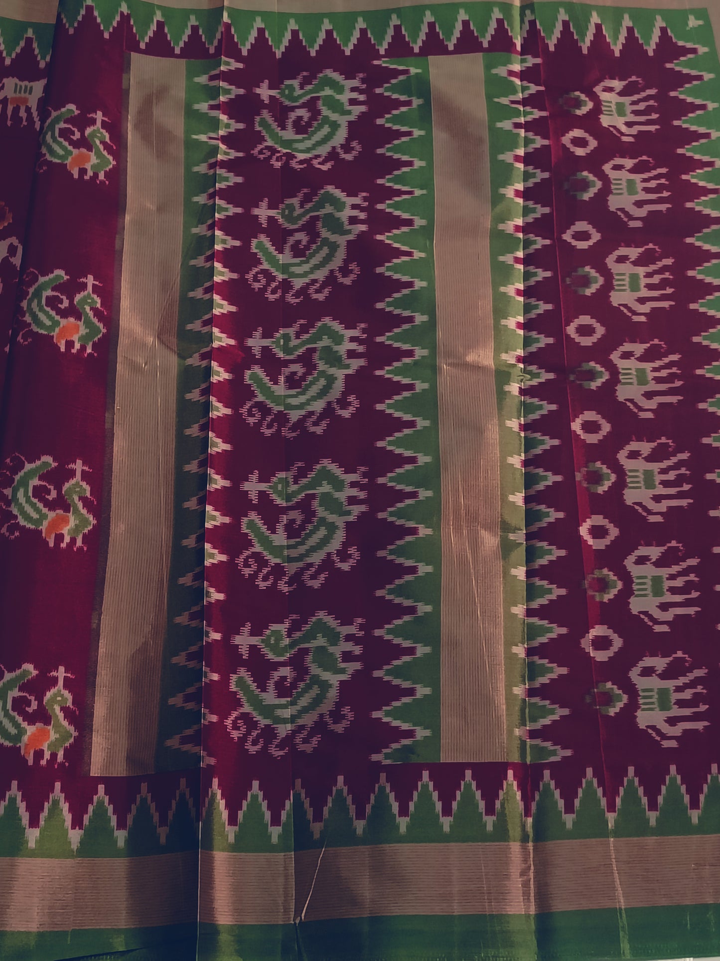 Wine colour animal print ikkat art silk saree ( Cotton-Silk )