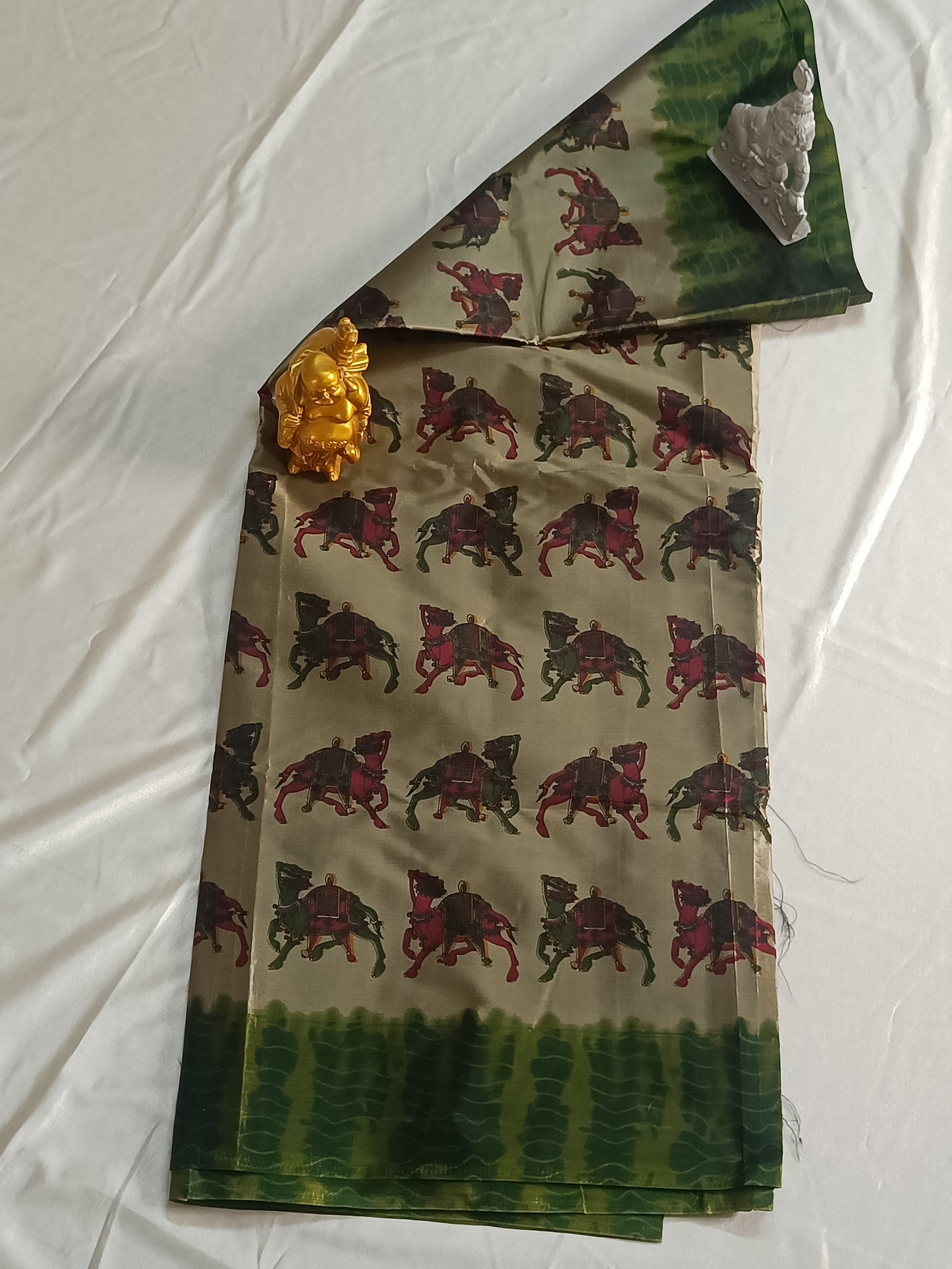 Grey Ikkat animal print saree with green border (Cotton-Silk)