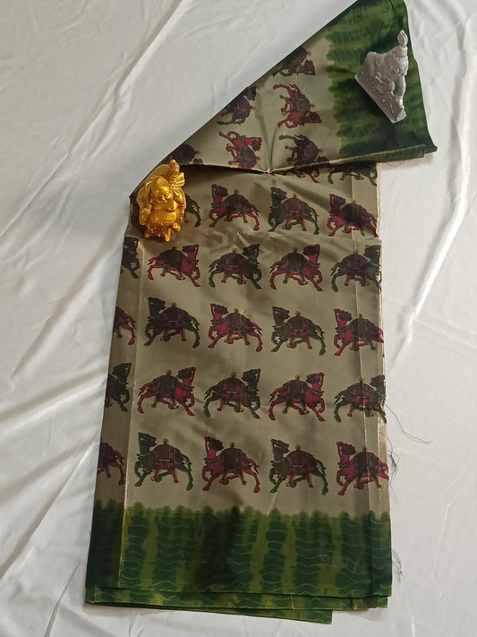 Grey Ikkat animal print saree with green border (Cotton-Silk)