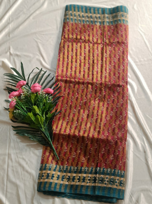 Striped maroon cotton saree with blouse