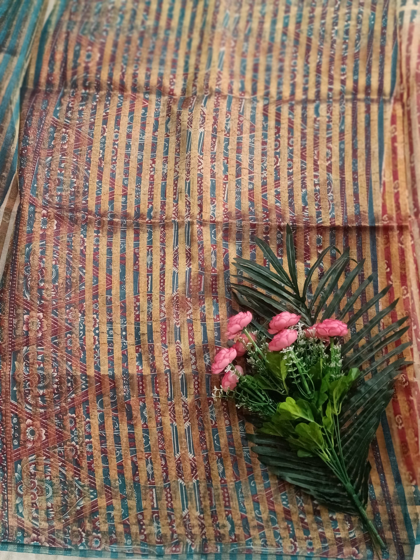 Striped maroon cotton saree with blouse